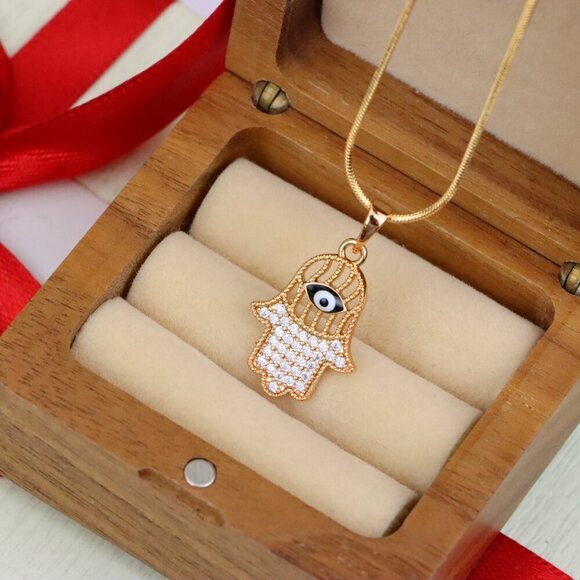 "Hamsa Hand Rose Gold Pendant with Evil Eye, XPPT1578 - Picture 10 of 13